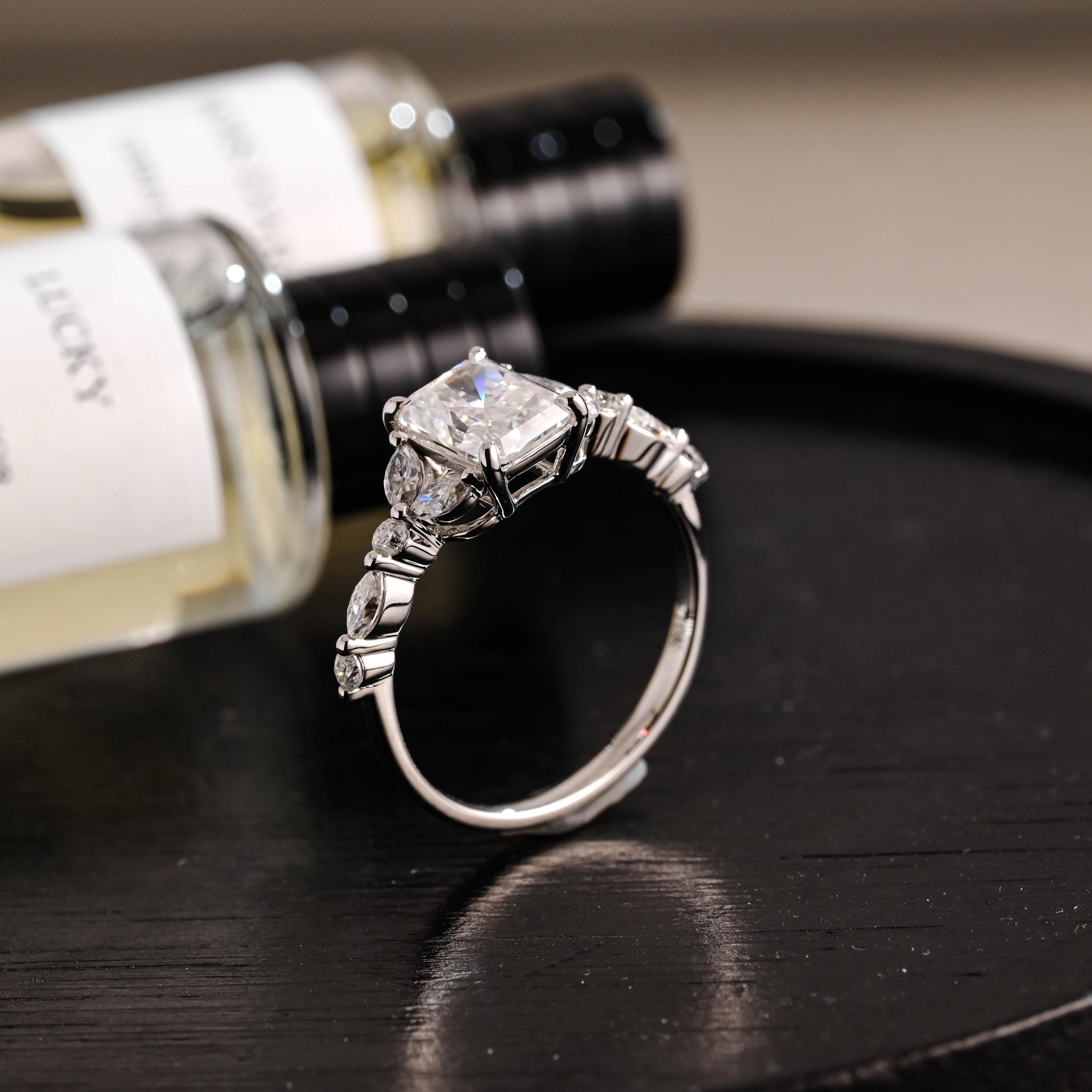 Solid Gold Radiant Cut Moissanite Engagement Ring, Anniversary Gift for Women
