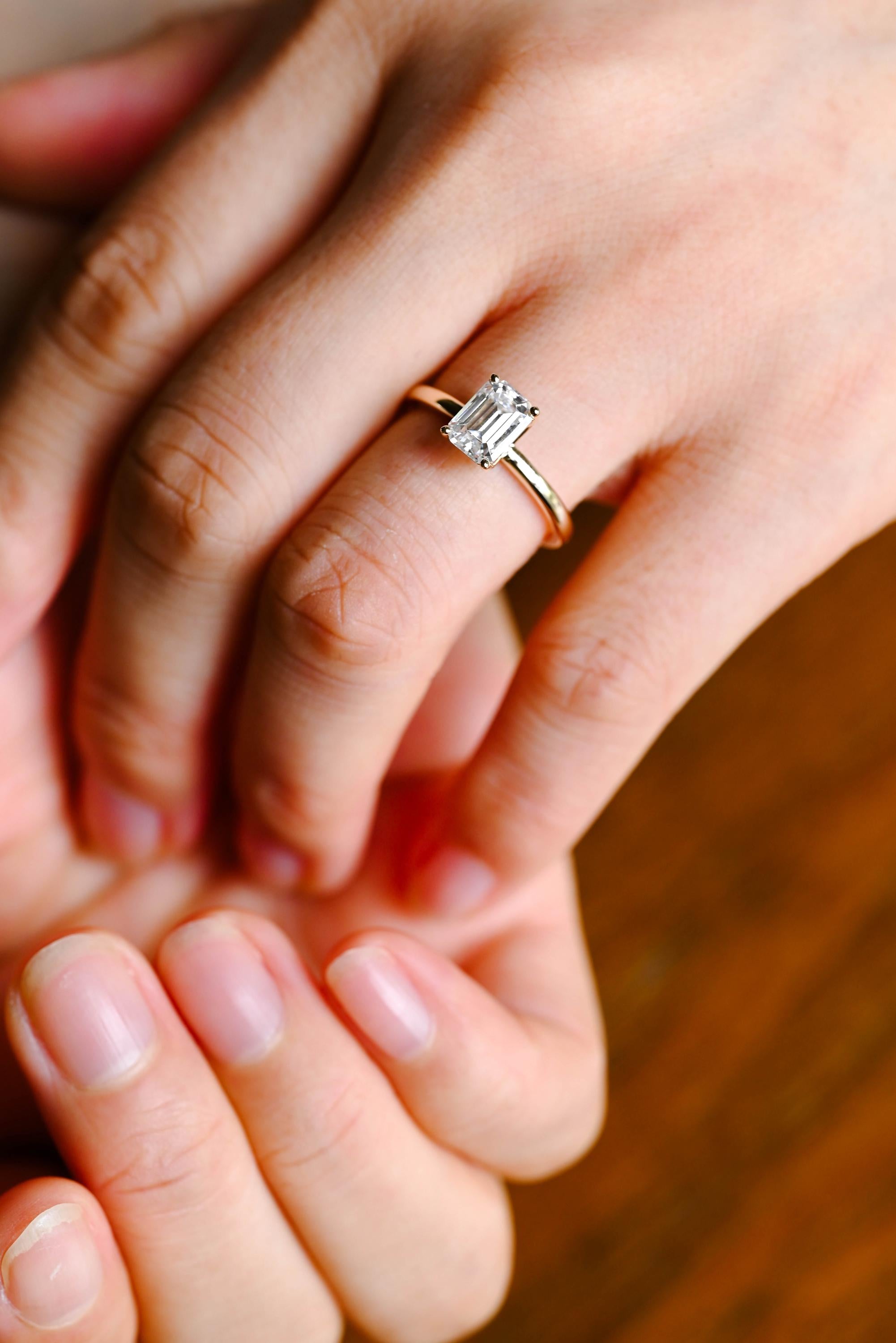 Solid Gold Emerald Cut Solitaire Moissanite Engagement Ring, Moissanite Gifts