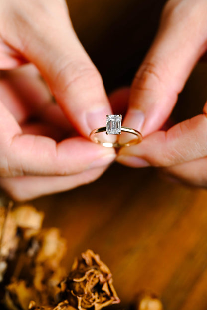 Solid Gold Emerald Cut Solitaire Moissanite Engagement Ring, Moissanite Gifts