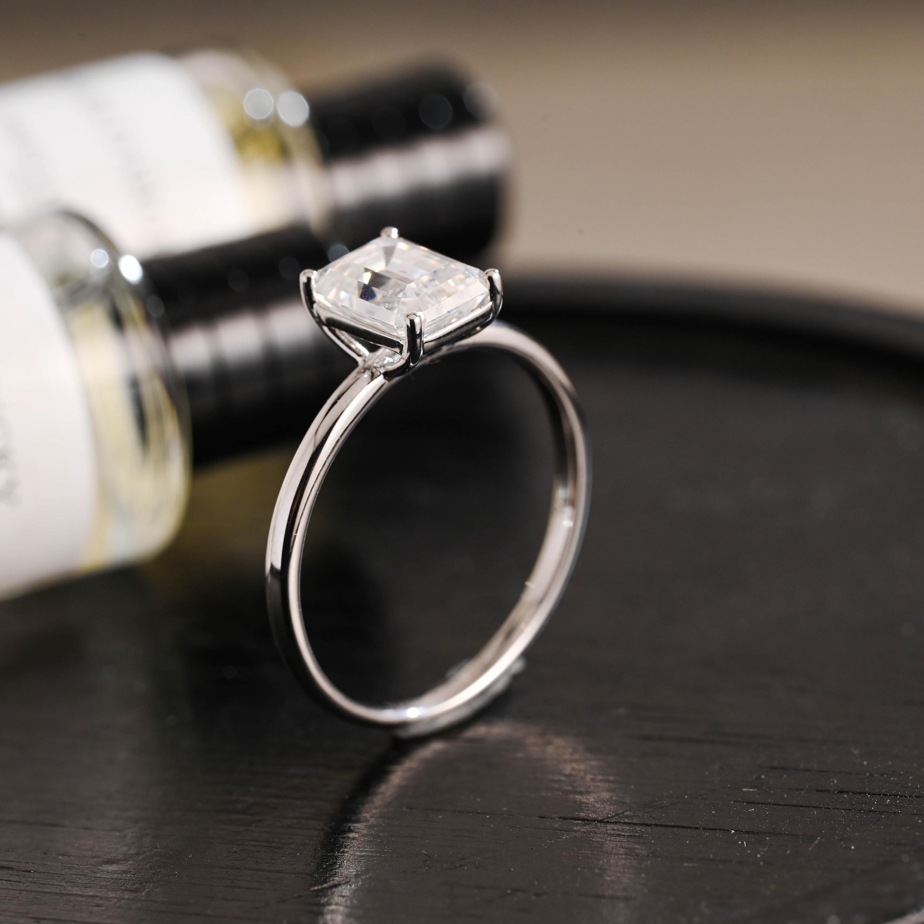 Solid Gold Emerald Cut Solitaire Moissanite Engagement Ring, Moissanite Gifts