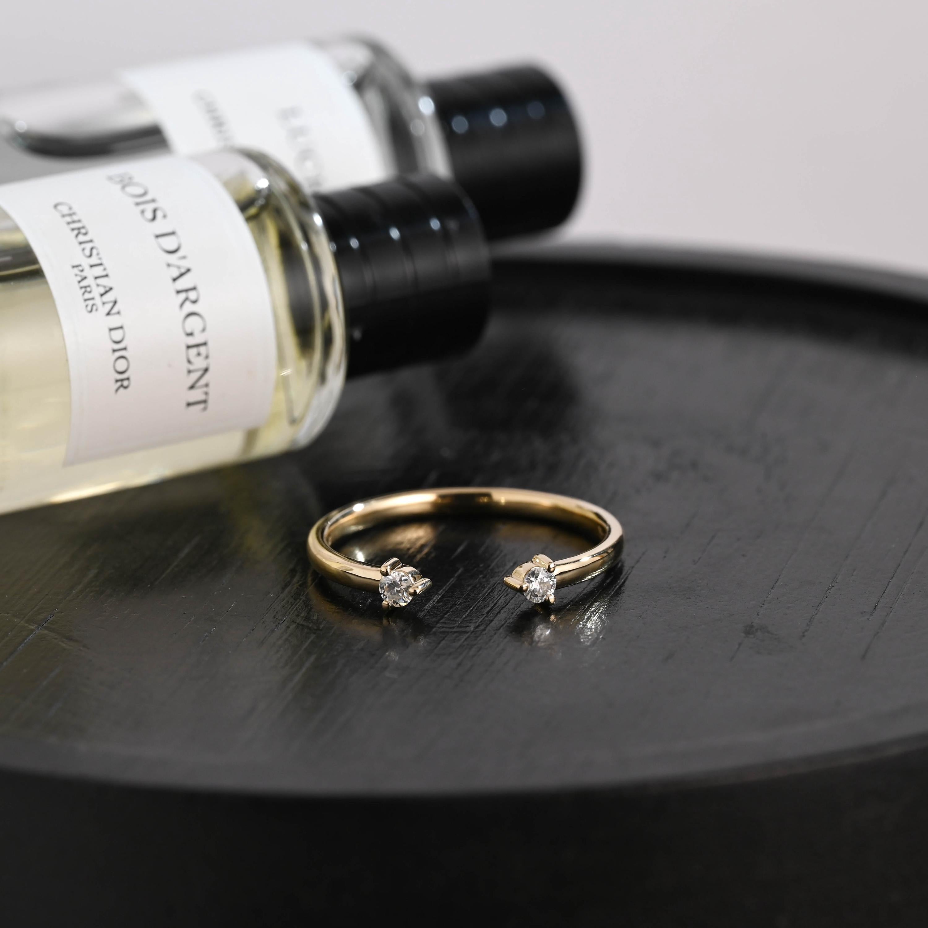 Solid Gold Moissanite Wedding Band, Round Cut Open Cuff Ring