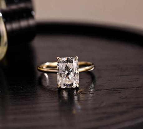 Solid Gold Radiant Cut Moissanite Engagement Ring, Hidden Halo, Art Deco Ring
