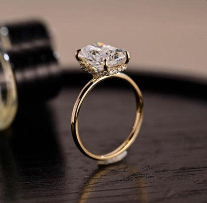 Solid Gold Radiant Cut Moissanite Engagement Ring, Hidden Halo, Art Deco Ring