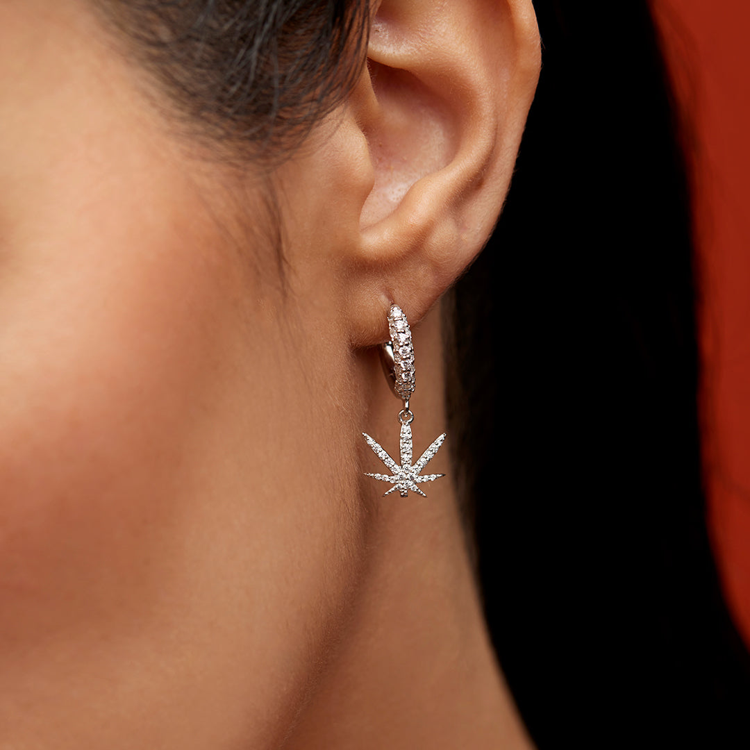 Moissanite VVS Diamond Cannabis Leaf Hoop Earrings with Crystal Accents