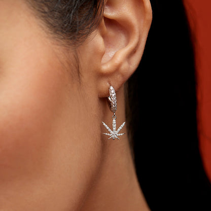 Moissanite VVS Diamond Cannabis Leaf Hoop Earrings with Crystal Accents