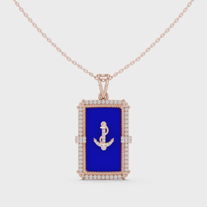 Premium Anchor Moissanite Diamond Pendant with Blue Enamel Frame