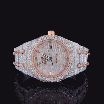 Audemars Piguet Fully Iced Two Tone Stick Dial Rose Gold Moissanite Diamond Watch