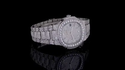 Luxury Patek Philippe Fully Iced-Out Moissanite Diamond Silver Watch