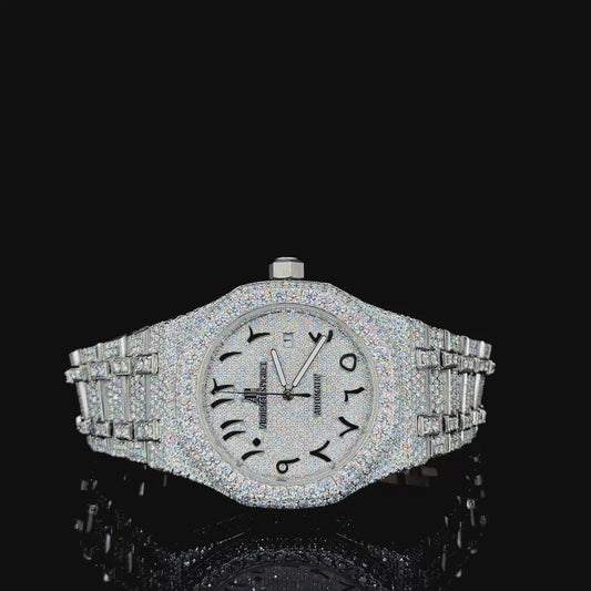 Audemars Piguet (AP) Luxury White with Black Arabic Dial Moissanite Diamond Watch